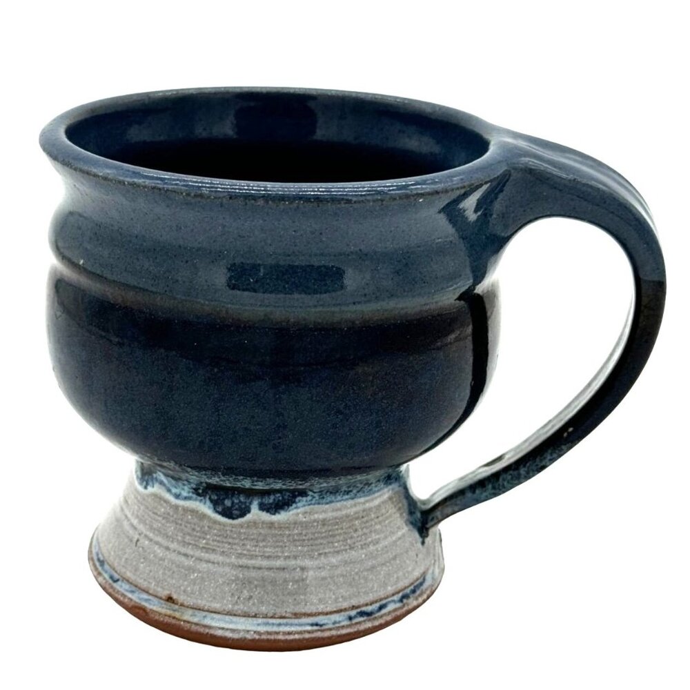 Signed Studio Pottery Footed Mug Cup Blue Glazed Red Clay 4"H x 4"Diam